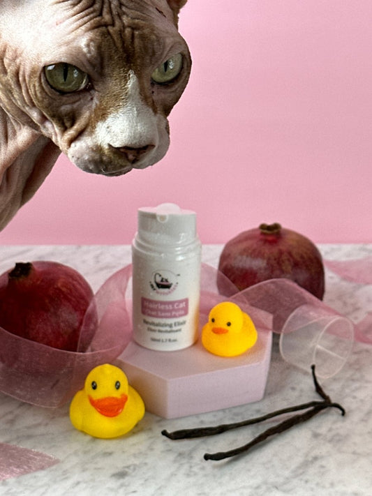 Small bottle of skin elixir in centre with Sphynx cat, pomegranates, vanilla beans and two yellow rubber ducks around it